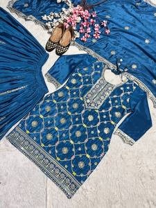 Blue Embroidered Indian Pakistani Traditional <b>Dress</b> With <b>Silver</b> Work Floor-Length Women's <b>Wedding</b> Wear - Product Image 4