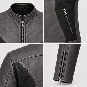 <b>Mens</b> Grey Black Genuine Leather Cafe <b>Racer</b> Motorcycle <b>Jacket</b> Canvas Stand Front Waterproof Windproof Multiple Zipper Pockets - Product Image 5