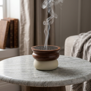 Elegante Quemador de Incienso de Madera de Nogal y Metal de Dos Tonos con Tapa Metálica Perforada para Aromaterapia y Decoración Moderna del Hogar - Product Image 3