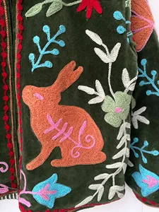 Bohemian Luxury Handmade Woodland Inspired <b>Velvet</b> <b>Jacket</b> with Floral Embroidery and Rabbit Artwork Full Sleeve Women's <b>Jacket</b> - Product Image 5