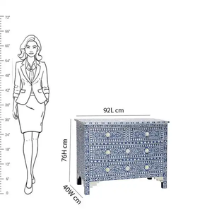Handmade Bone Inlay Square Chest of Drawers with Blue and <b>White</b> Geometric Pattern Living Room Furniture Resin Crafts - Product Image 4