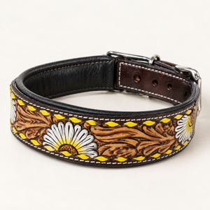 Collar de Perro de Cuero Repujado Artesanal Artisan Daisy con Diseño Floral Tallado a Mano Ajustable |   Collar Decorativo Estilo Occidental para Perros con Estilo - Product Image 1