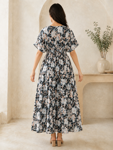 Robe MIDI Femme Imprimé Floral 2026 de Haute Qualité en Gros, Manches Courtes Volantes, Col en V, Couleur Blanche, Confortable, Vêtements Féminins - Product Image 5