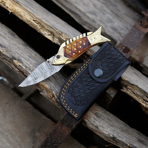 Cuchillo plegable de bolsillo listo para enviar, hoja de acero VG10 Damasco, punta de gota, mango de hueso de camello quemado, forma de pez. - Product Image 3
