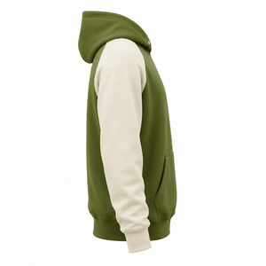 Sweat à capuche personnalisé en polaire polyester, couleur crème vert olive, blocs de couleurs, manches raglan - Product Image 3