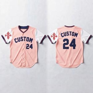 เสื้อเบสบอลสีชมพูสำหรับผู้ชาย พิมพ์ลายแบบ Sublimated พร้อมโลโก้สีขาว วัสดุโพลีเอสเตอร์คุณภาพสูง 100% แขนสั้น RIVIAN ATLANTIC - Product Image 1