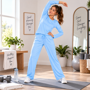 Women Light Blue <b>Long</b> Sleeve Pajama Set Knitted Cotton Soft Casual Full Length Drawstring Pants Round Neck Top - Product Image 4
