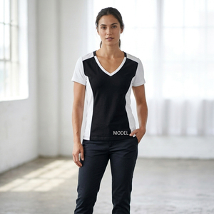 Custom Women's V-Neck T-Shirt Women's Contrast Panel V-Neck TShirt Black and <b>White</b> Women's V Neck <b>Tee</b> - Product Image 1