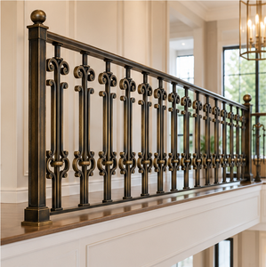 Rampe d'escalier en bronze antique avec balustrade, accents festonnés inspirés des fleurs et poteaux à embouts sphériques pour intérieurs - Product Image 3