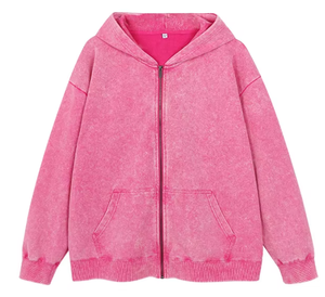 Sudadera con capucha y cremallera completa, personalizada, con lavado ácido y efecto desgastado, 100% algodón, bordada, con lavado vintage, corte oversize, unisex - Product Image 1