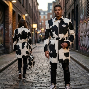 Men Custom Real Cowhide Hair On Hide <b>Leather</b> <b>Jacket</b> Wholesale Casual Natural B&W Spotted <b>Long</b> Trench Coat Overcoat Supplier - Product Image 5