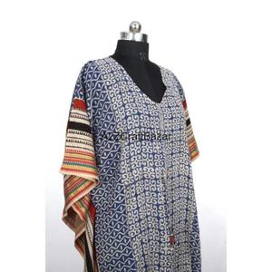 Kaftan léger et respirant en coton 100% pur, col en V, à franges, imprimé floral bohème, manches longues matelassées, pour l'automne - Product Image 4