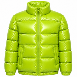Men's <b>Lime</b> <b>Green</b> PU Puffer <b>Jacket</b> Stand Collar Zipper Closure Windproof Winter Casual Thick Polyester Filling Coat - Product Image 1