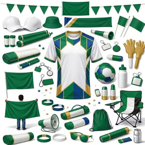 Kit de supporter de football élégant et promotionnel, conçu pour les passionnés de football, avec maillot, casquette, écharpe, ballon et accessoires de drapeau pour les événements - Product Image 1