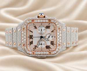Montre mécanique en acier inoxydable avec incrustation de diamants Raj Gems, couleur or rose, chronographe carré, aiguilles analogiques, 20 mm, luxe et mode - Product Image 5