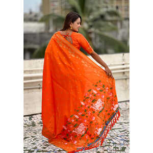 ผ้าไหมปิชไวทอลายสีส้ม ทอแบบซารี เสื้อผ้าอินเดียและปากีสถาน ผ้าทอระดับพรีเมียม 650 กรัม - Product Image 4