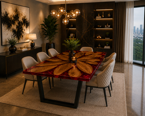 Flower Pattern Dining <b>Table</b> Red <b>Epoxy</b> <b>Resin</b> Wood <b>Table</b> Custom Luxury Dining Room Furniture Modern Home Interior - Product Image 3