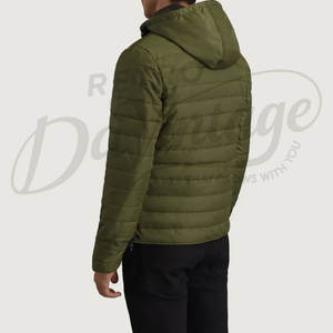 Veste d'hiver pour homme, couleur olive, légère, à capuche, rembourrée, coupe slim, décontractée, chaude, zippée, style puffer. - Product Image 2