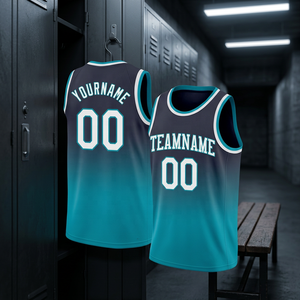 Ensemble de maillots de basket personnalisés, maillot sans manches noir et bleu, coupe athlétique, maillot de basket respirant en mesh. - Product Image 5