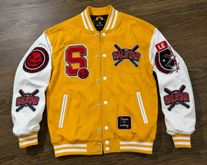 แจ็คเก็ตเบสบอลแบบ Varsity สีเหลืองขาวสั่งทำพิเศษ พรีเมียม ทำจากผ้าขนสัตว์ พร้อมป้ายปัก  ผู้ผลิตแบบ OEM/ODM - Product Image 6