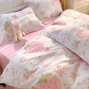 "3D Striped Pink & White Duvet <b>Cover</b> Set for Queen Size <b>Bed</b> with Zipper Closure & Strawberry Pattern" - Product Image 4