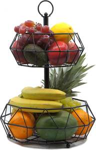 Panier à fruits en fil métallique à 2 niveaux avec base en bois, organisateur de comptoir de cuisine, émail noir, pour fruits, légumes et collations - Product Image 4