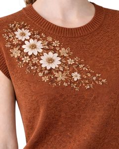 Suéter de Punto sin Mangas para Mujer, Color Naranja Óxido, Personalizado, con Bordado Floral, Cuello Redondo, Suave, Ligero, Informal, Chaleco de Verano, Top Elegante - Product Image 1