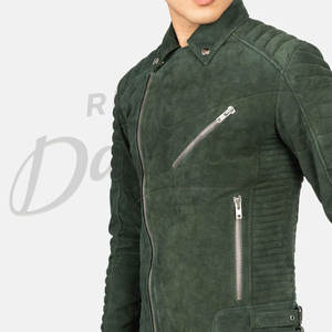 Blouson de motard en cuir suédé vert émeraude pour homme, coupe ajustée, épaules matelassées, en cuir véritable, vêtement de moto - Product Image 1