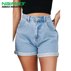 Women High Waisted Denim Shorts Summer Casual Light Blue Rolled Hem Cotton Jean Shorts Loose Fit Wide Leg Pants - Product Image 1