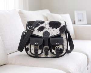 Premium Western Cowhide Leather Crossbody <b>Bag</b> <b>Black</b> White Pattern Casual Style With Buckle Closure - Product Image 1