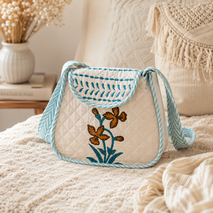Luxury <b>Small</b> Quilted Cotton Hand Block Printed Floral Flap Bag Jaipur Sling <b>Purse</b> For Women And Girls - Product Image 1