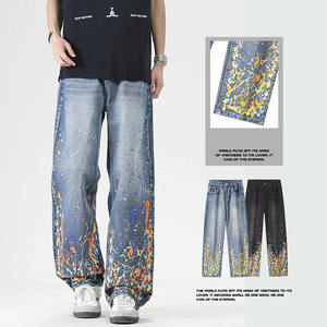 Jean large pour homme grande taille, taille mi-haute, motif peint à la main effet gouttelettes, coupe ample, 100% coton, pantalon décontracté - Product Image 4