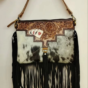 Western Hand Tooled Leather Hair Cowhide Fringe Handbag Vintage Geometric Carved Lady Bohemian Shoulder Bag <b>Playing</b> <b>Card</b> Design - Product Image 1