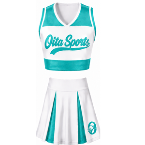 Custom <b>White</b> Turquoise Sublimated Sleeveless Cheerleading Uniform <b>Set</b> Team Athletic <b>Top</b> <b>Skirt</b> Sportswear Performance Training - Product Image 1