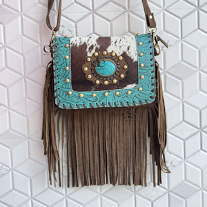 Bolso con flecos de piel de vaca auténtica, bolso con bandolera de piedra turquesa, bolso de estilo occidental hecho a mano Vintage bohemio gitano, bolsos elegantes multiusos - Product Image 1