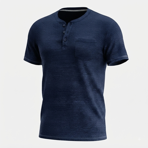 T-shirt décontracté pour homme, style Henry, couleur unie marron, boutons, manches courtes, respirant, confortable, sport, coupe ample - Product Image 3