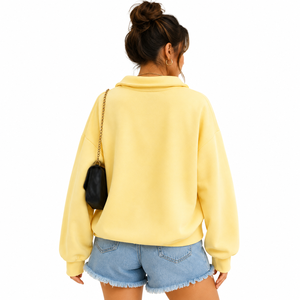 Yellow Oversized Quarter Zip Stand Collar Women's Sweatshirt Drop Shoulder High Street Hoodies Custom Logo OEM Manufacturer - Product Image 2
