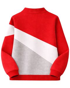 <b>Red</b> Color Blocked Quarter Zip Pullover <b>Sweatshirt</b> with Turn-Down Collar Regular Fit Knitted Sporty Style Unisex Long Sleeve - Product Image 2