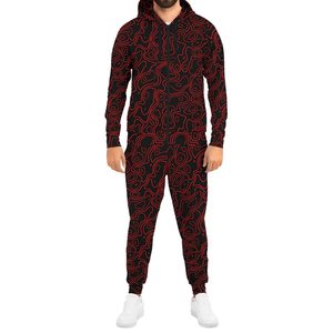 Ensemble de survêtement pour homme noir et rouge à motif géométrique, avec capuche et fermeture éclair, pantalon de jogging décontracté respirant en polyester - Product Image 1