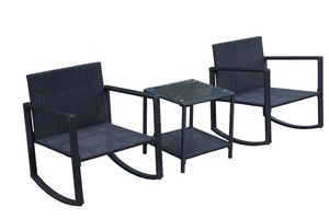 Modern Black Rattan Rocking Set KD Steel Tempered Glass Polyester <b>Cushion</b> <b>Outdoor</b> Furniture <b>Garden</b> Patio Comfortable All-Weather - Product Image 3