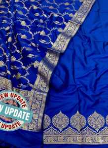 Élégant ensemble pour femme en soie semi-Katan Banarasi, avec dupatta traditionnelle à motifs Jaal et bordure tissée riche, protection solaire, idéal pour les fêtes, livraison rapide - Product Image 3