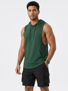 เสื้อกล้ามผู้ชายแขนกุดมีฮู้ดถักสีทึบลำลองทรงเข้ารูปสีดำ - Product Image 4