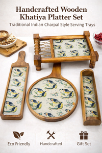 ชุดถาดไม้ทำมือแบบคัตติยะ สไตล์เรสติก ถาดเสิร์ฟชาร์ปาย งานฝีมืออินเดีย ถาดเสิร์ฟอาหาร ของตกแต่งบ้าน ชุดถาดของขวัญ - Product Image 4