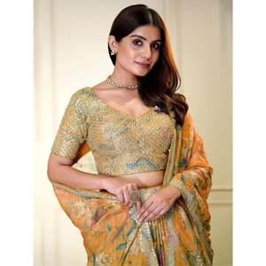Lehenga Choli en organza imprimé orange charmant pour femmes, vêtements de fête, grande taille - Product Image 3