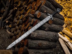 Espada de Acero de Damasco con Mango de Madera, Hoja Recta, Funda Negra Incluida, Cuchillo de Grado Industrial OEM de Alta Calidad - Product Image 5
