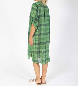 Vestido Casual Vintage de Jersey a Cuadros Verde, Corte en A, para Mujer, Talla Grande, Largo hasta la Rodilla, Cuello Camisero, Manga Tres Cuartos, Transpirable - Product Image 2