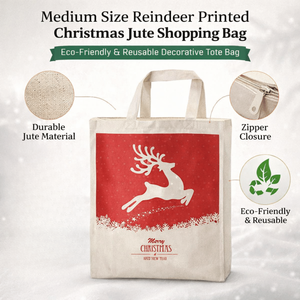 Sac de courses en jute de taille moyenne imprimé rennes de Noël |   Sac fourre-tout décoratif réutilisable et écologique |   Fermeture à glissière, transport à la main - Product Image 5