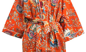 Robe longue pour femme à imprimé floral orange, manches longues, col en V, en polyester tissé, style kimono décontracté, fermeture à cordon doux - Product Image 4