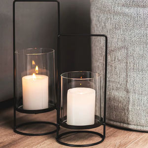Portavelas de vidrio con marco de metal negro minimalista, farol contemporáneo, elemento decorativo para sala de estar y dormitorio - Product Image 1