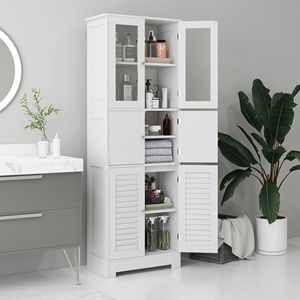 Mobile Bagno Alto Autoportante Stile Europeo in MDF Bianco con Ripiano Regolabile e Ante in Vetro/Alamanni, Soluzione Salvaspazio per il Bagno - Product Image 2
